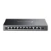 Front view of TP-Link Omada ES210GMP Switch with 10 RJ45 ports, 1 SFP port, and power input on left side.