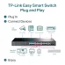 Feature overview graphic of TP-Link TL-SG1428PE 28-Port Gigabit Switch With 24 Port PoE+ illustrating PoE ports and easy smart switch icons