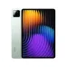 Xiaomi Pad 7 Pro tablet with green back, rear camera, and vibrant front display showing abstract multicolor wallpaper.