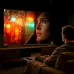 Living room view of Haier 50P7 PRO Google TV in use with remote voice control and sound wave graphics.