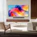 Living room view of Samsung 65M70H Smart TV wall-mounted above soundbar showing colorful abstract design.