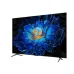 Front view of TCL 75C6KS TV on angled legs displaying vivid blue flower artwork with golden spiral center.