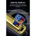 Close-up of ENCHEN Boost 2 Trimmer digital LED display showing power level, charging, and oil reminders.