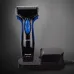 Upright view of Panasonic ES-SA40K Shaver on charging base with WET/DRY label and sleek black-blue design.