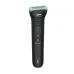 Front view of the black Philips BG7470/15 body groomer featuring a 2D flexing shaver head with OptiLight, textured grip, travel lock indicator, and battery LED.