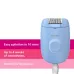 Front view of Philips BRE228/00 Epilator in blue with cord attached, showing textured button and metallic rotating head.