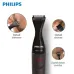 Angled view of Philips MG1100/16 1000 Series Trimmer with red button shown in detail trimmer, shaver, and comb use.