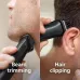 Split lifestyle view of Philips MG3710/33 Trimmer used for beard trimming on jawline and hair clipping around ear.