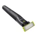 Close-up of Philips OneBlade QP1624/10 Trimmer showing sleek black handle, lime green blade edges, and ergonomic grip design.