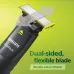 Feature view of Philips OneBlade QP1624/10 Trimmer dual-sided flexible blade with yellow edges for safe, irritation-free grooming.
