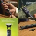 Collage view of Philips OneBlade QP1624/10 Trimmer highlighting waterproof body, 30-min runtime, 2 combs, and USB-A charging.