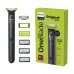 Kit view of Philips OneBlade QP1624/10 Trimmer with two comb attachments, USB cable, and bright green branded packaging.