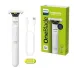Full set of Philips OneBlade QP1924/20 including the white intimate groomer, lime green body comb, and USB charging cable.