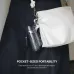 The black Fantech SS141 foldable monopod/tripod clipped onto a white purse for portability.