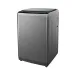 Angled view of TCL F708TLG Washing Machine with tinted glass lid, black control panel, and contoured metallic sides.
