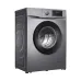 Front view of TCL P608FLG Washing Machine with metallic finish, circular door, and digital control panel.