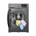 Front view of TCL P608FLG Washing Machine with open door and colorful clothes hanging out of the drum.
