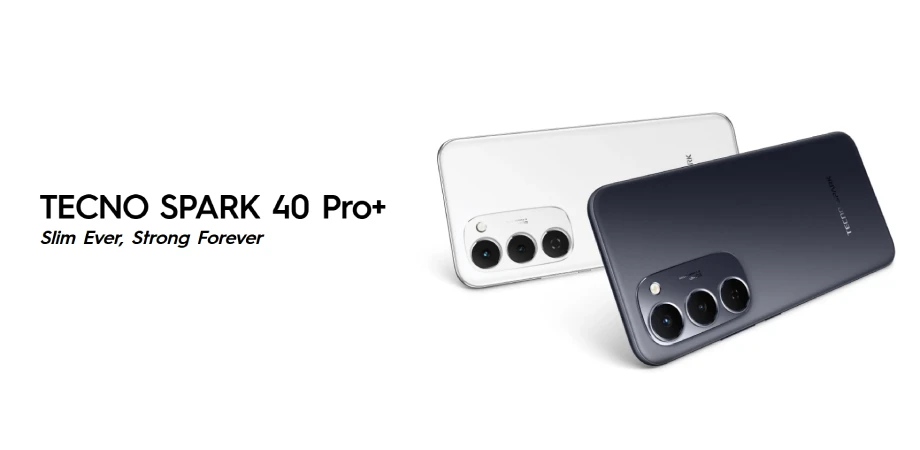 TECNO SPARK 40 Pro+ smartphones in black and white, showcasing triple rear cameras and sleek design
